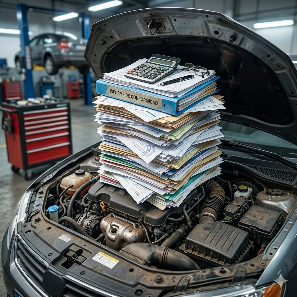 Pila de documentos y carpetas sobre un capó de coche abierto con herramientas al fondo, representando la burocracia del proceso de homologación de reformas de vehículos en España