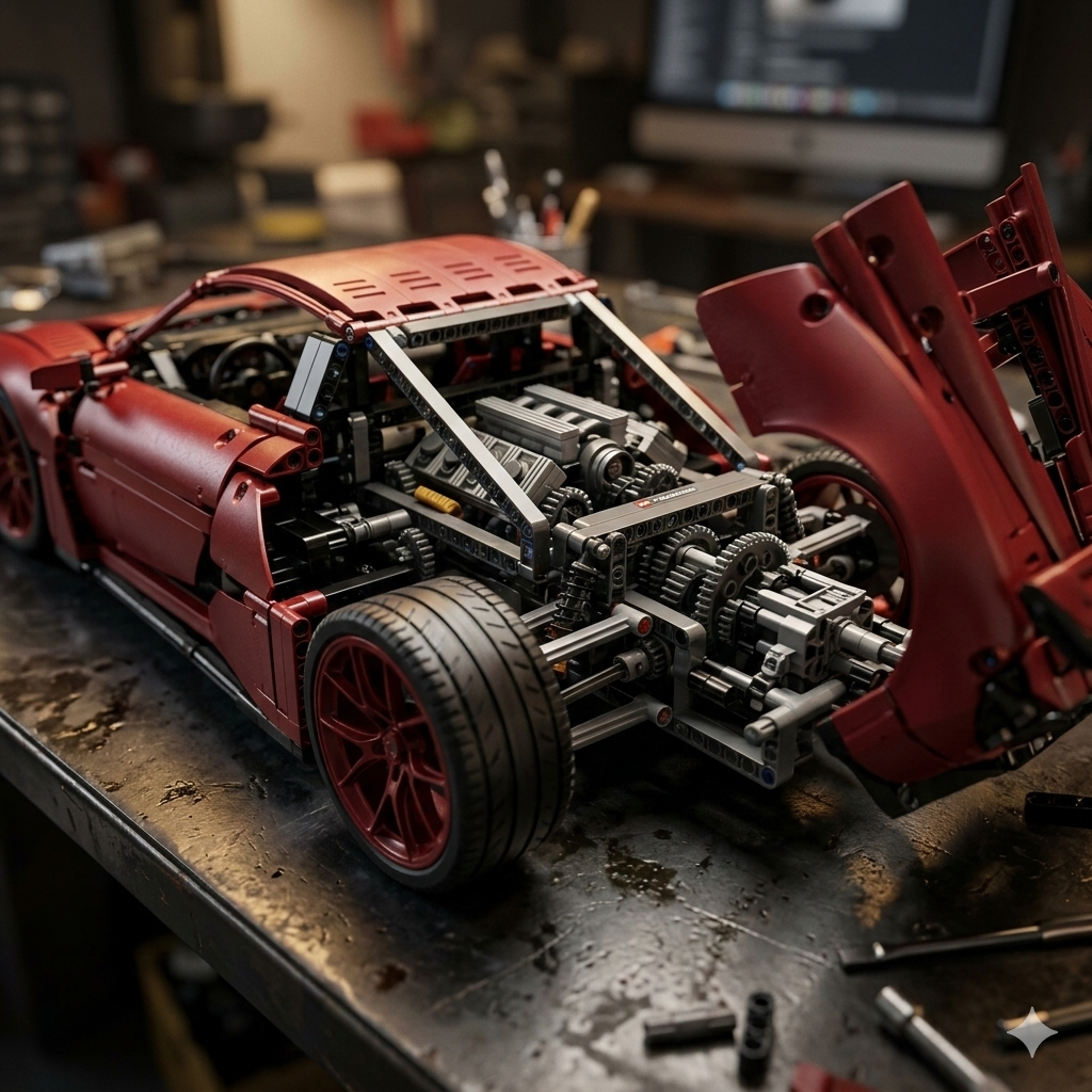 Set LEGO Technic de la serie Ultimate Car Series con supercoches a escala mostrando detalles mecánicos de motor y caja de cambios