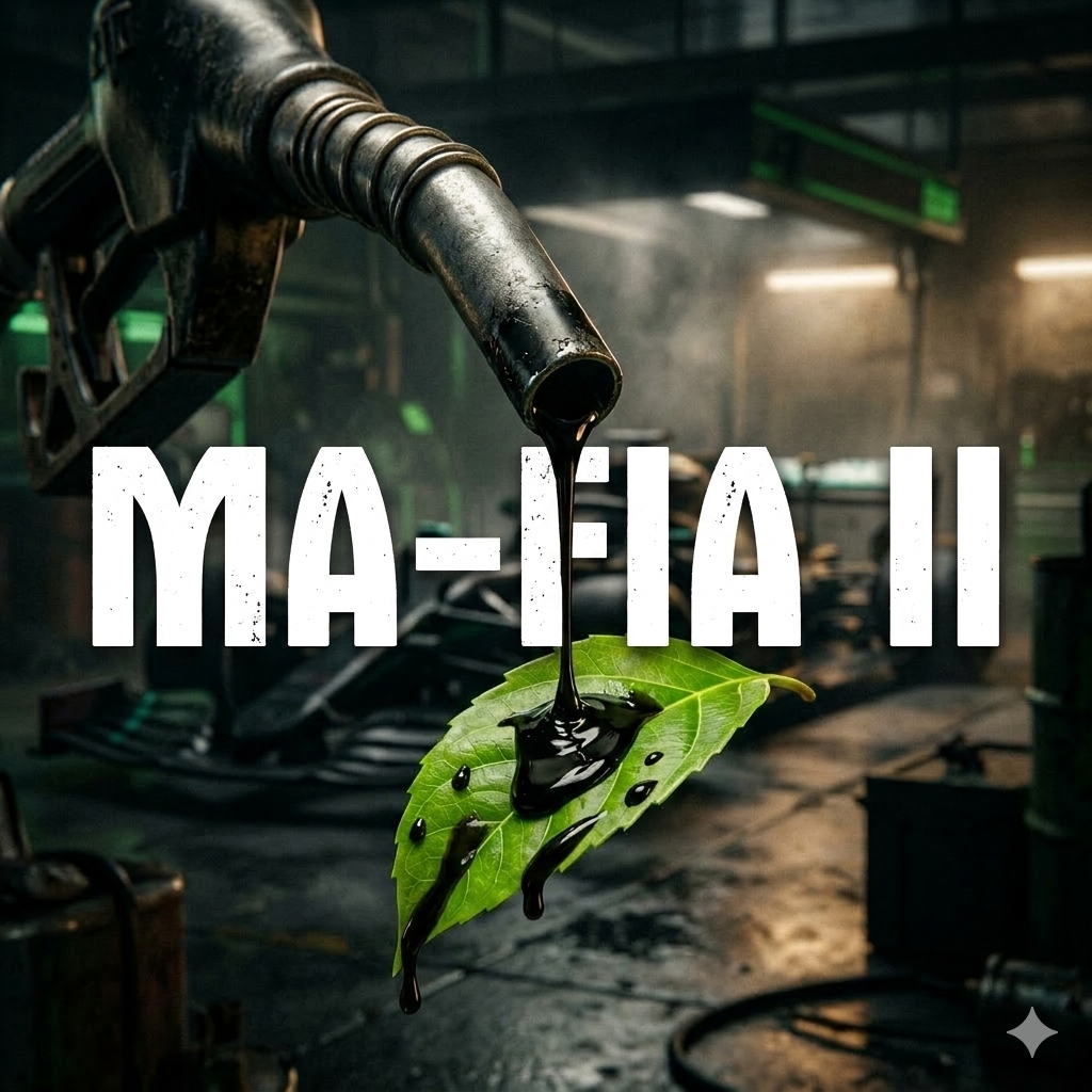 Manguera de combustible goteando crudo sobre una hoja verde con silueta de F1 al fondo — imagen conceptual del artículo MA-FIA II sobre el lobby de Aramco y los e-fuels