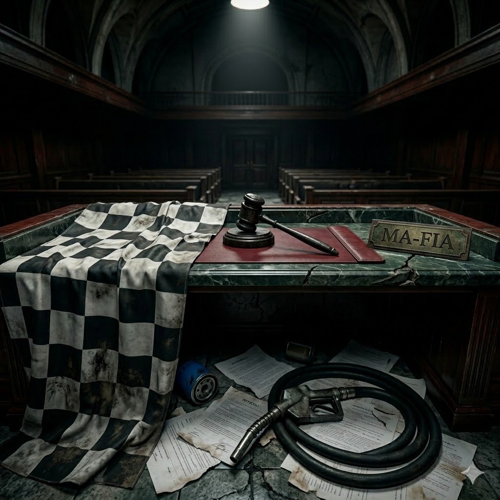 Martillo de juez sobre escritorio agrietado con bandera a cuadros y documentos esparcidos — imagen conceptual del expediente MA-FIA sobre la gobernanza de la FIA en el automovilismo