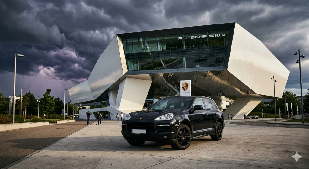 A first generation Porsche Cayenne Turbo in black, parked defiantly in front of the Porsche Museum in Stuttgart