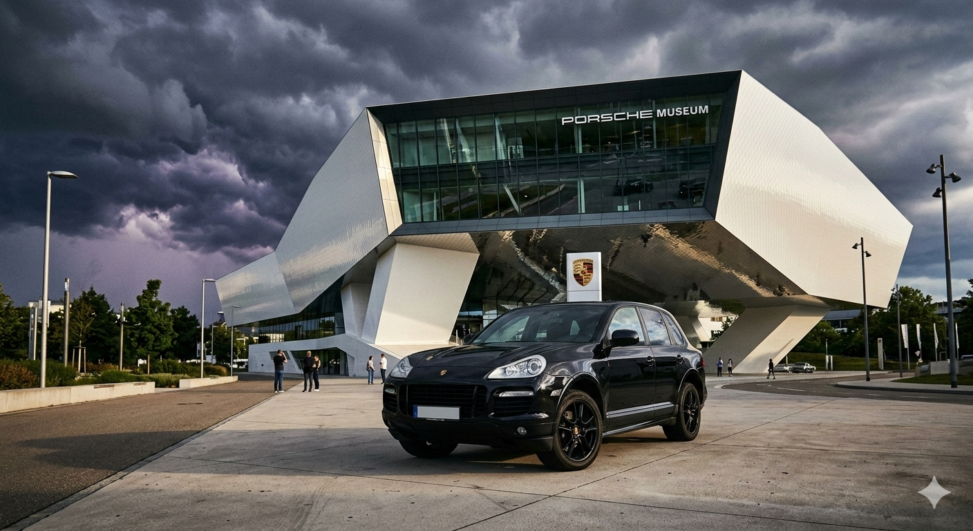 A first generation Porsche Cayenne Turbo in black, parked defiantly in front of the Porsche Museum in Stuttgart