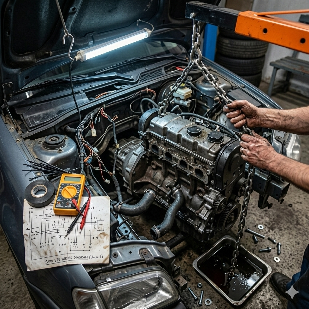 Car engine partially installed in an engine bay with loose wires, unconnected hoses and tools scattered on chassis rails, representing a real engine swap in progress