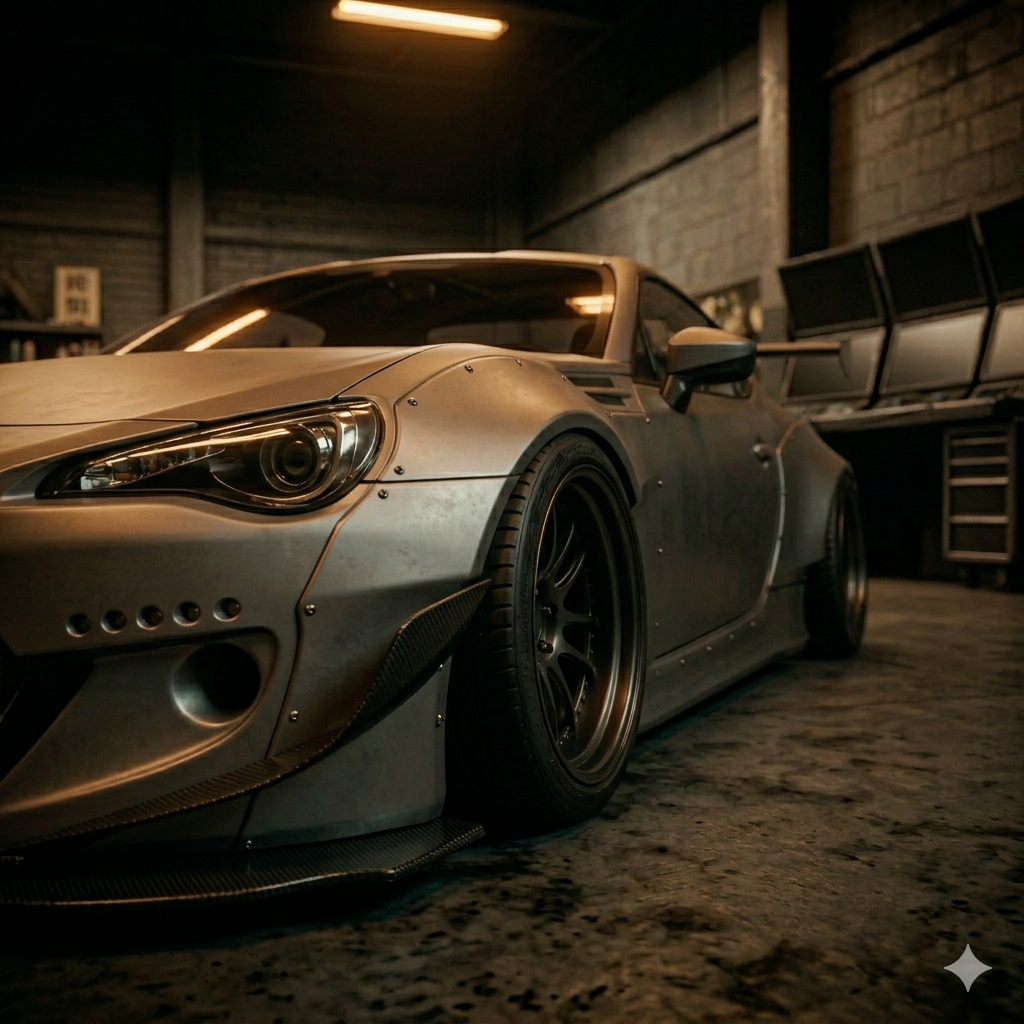 Three wide body cars representing the styles of Rocket Bunny, Liberty Walk, and RWB with Japanese competition aesthetic