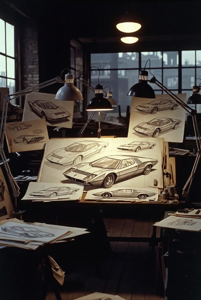 Drafting table with technical sketches of angular concept cars in a 1970s Turin design studio, warm tungsten lighting and film grain texture