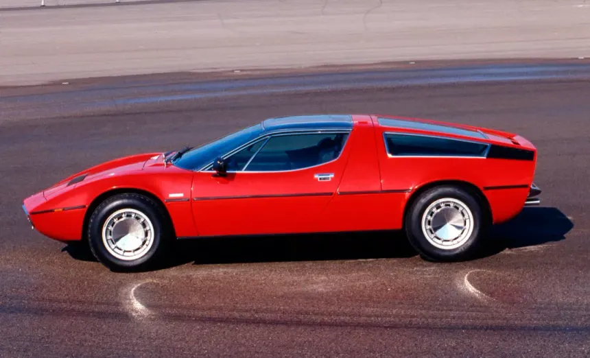 1970s Maserati Bora in profile, Giugiaro wedge with stainless steel roof