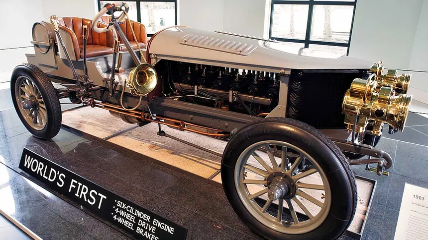 1903 Spyker 60HP racing car on display at Louwman Museum The Hague, the first automobile in history with a six-cylinder engine, four-wheel drive and four-wheel brakes