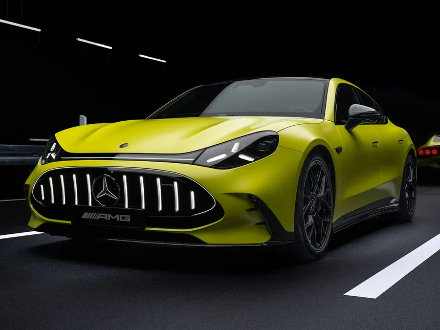 2027 Mercedes-AMG GT 4-Door Coupé electric, front three-quarter view, Los Angeles reveal