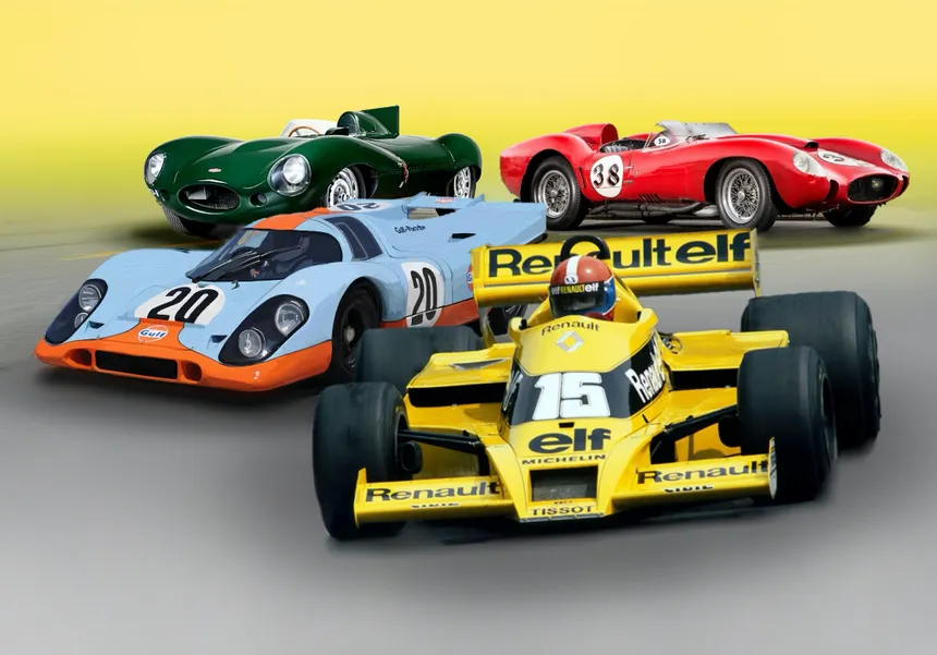 Montaje editorial de libreas icónicas del motorsport — Gulf azul y naranja, Martini tricolor, JPS negro y dorado, Marlboro rojo y blanco, y Mercedes plata sobre fondo oscuro con textura de asfalto