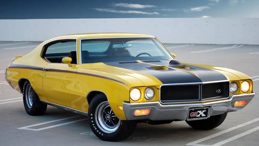 Buick GSX 1970 Stage 1 muscle car en Saturn Yellow con franjas negras y filo rojo