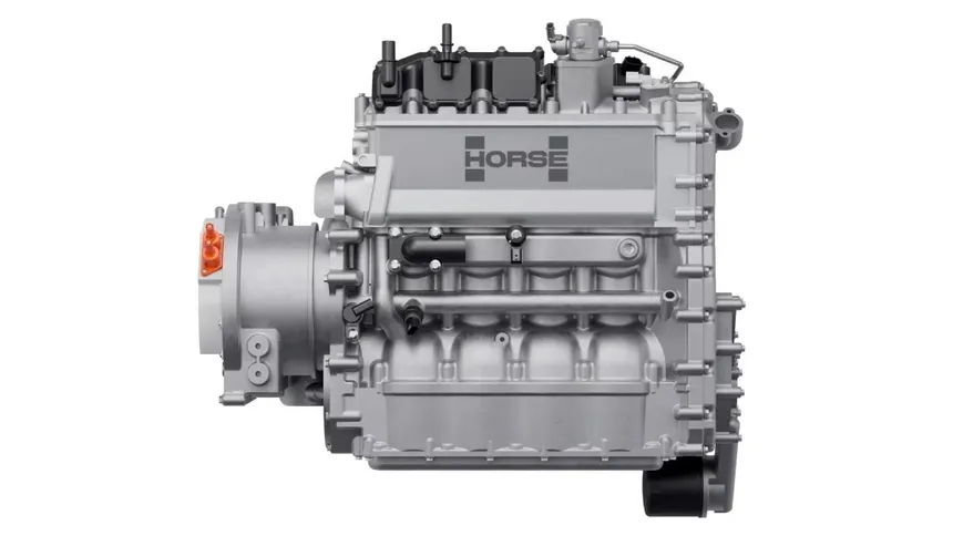 Overhead view of a Horse H12 Concept three-cylinder hybrid engine alongside its transmission and Repsol lubricants, on a neutral industrial background.