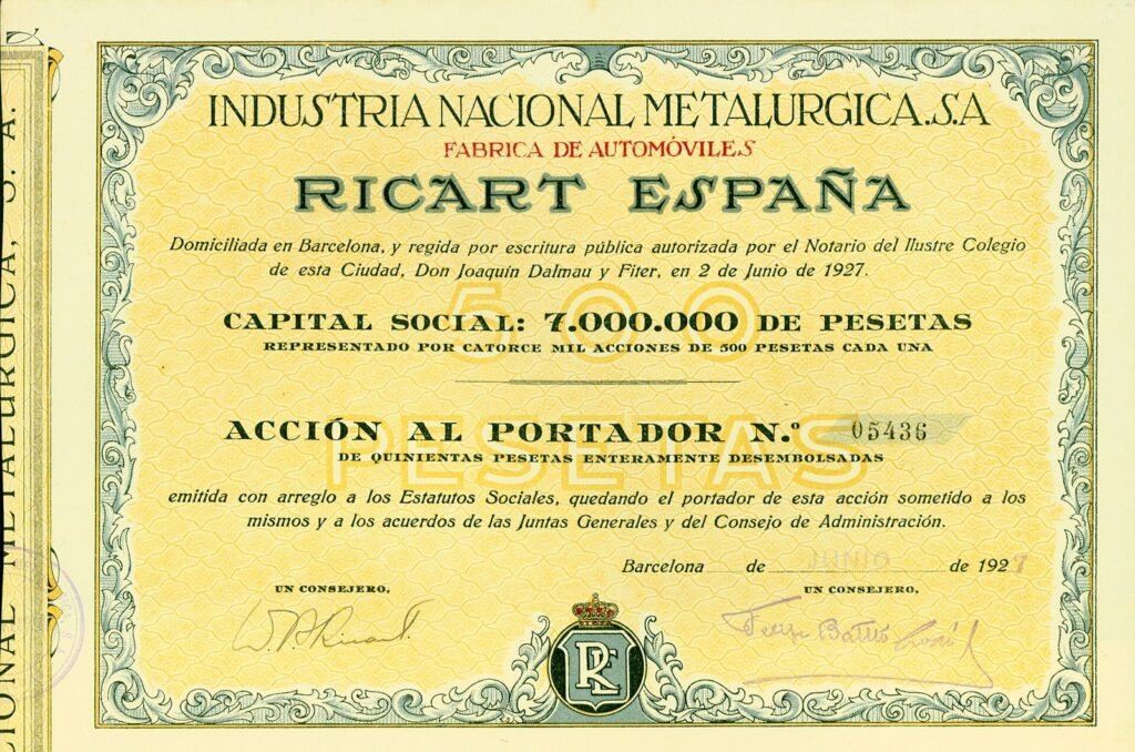 June 1927 Ricart España bearer share signed by Wifredo Ricart and Felipe Batlló Godó