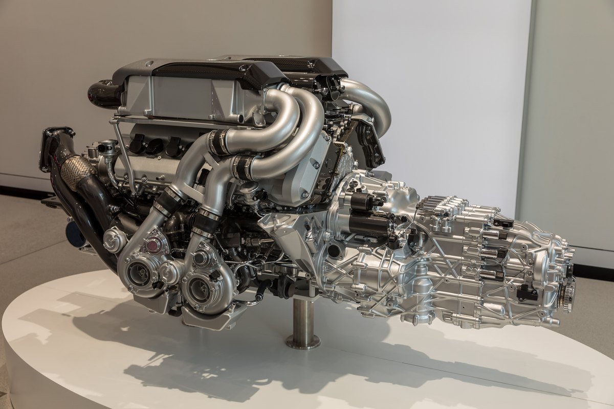 Bugatti's 8.0-liter quad-turbo W16 engine on display in Berlin