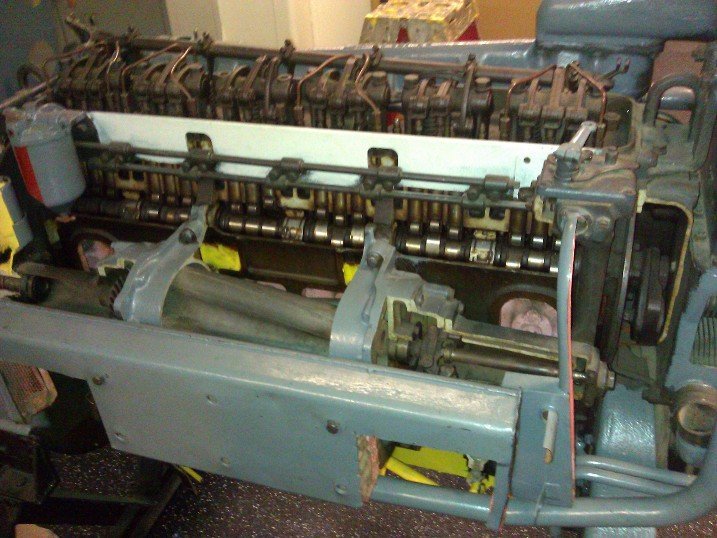 GM 6-71 two-stroke diesel opened up, with the Roots blower along the side of the block