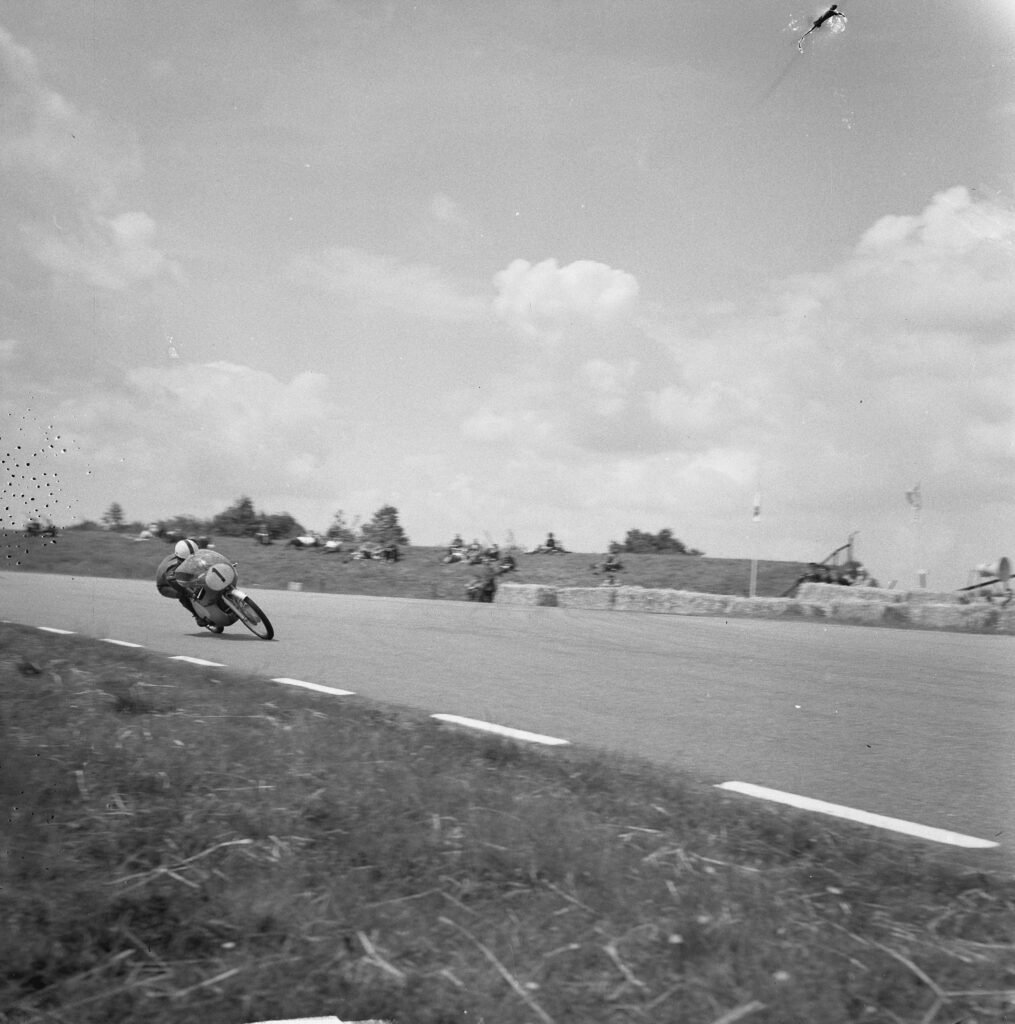 Ernst Degner after winning the 50cc race at the 1963 Dutch TT in Assen on a disc-valve Suzuki