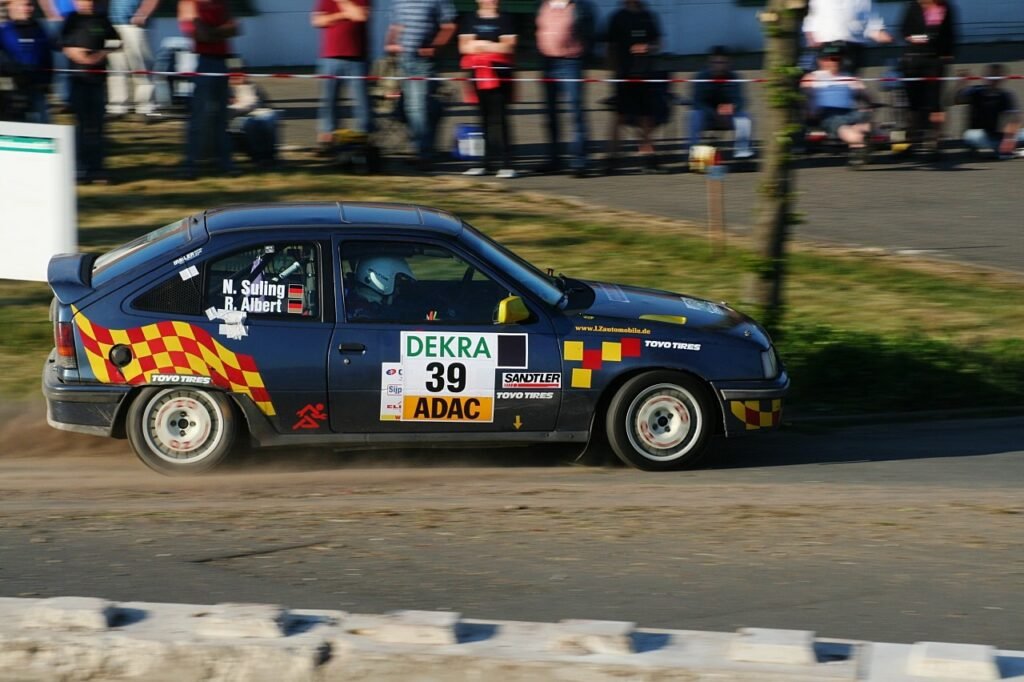 Opel Kadett GSi 16V rally car on a gravel stage in Germany