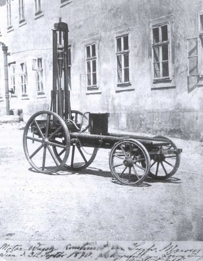 Photograph of the gasoline-powered handcart Siegfried Marcus built around 1870