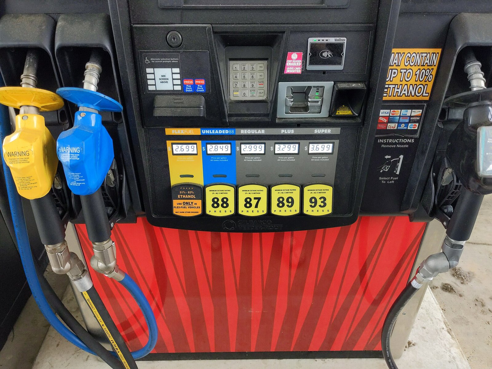 Gas pump offering Unleaded 88, 87, 89 and 93 octane